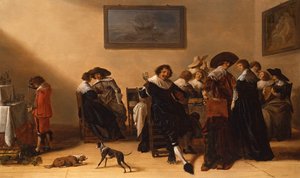 Un gruppo allegro in un interno, mangiando e bevendo